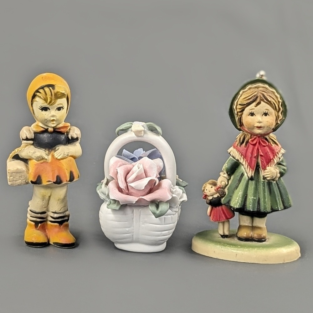 Vintage Girl Figurines and Porcelain Flower Basket Miniature Set 3pc